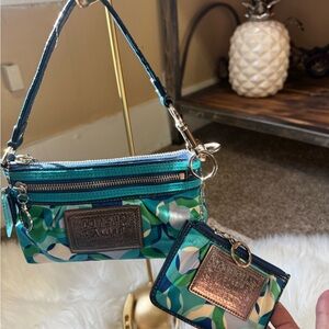 Coach Teal & Green Patterned Wristlet with Matching Card Case
